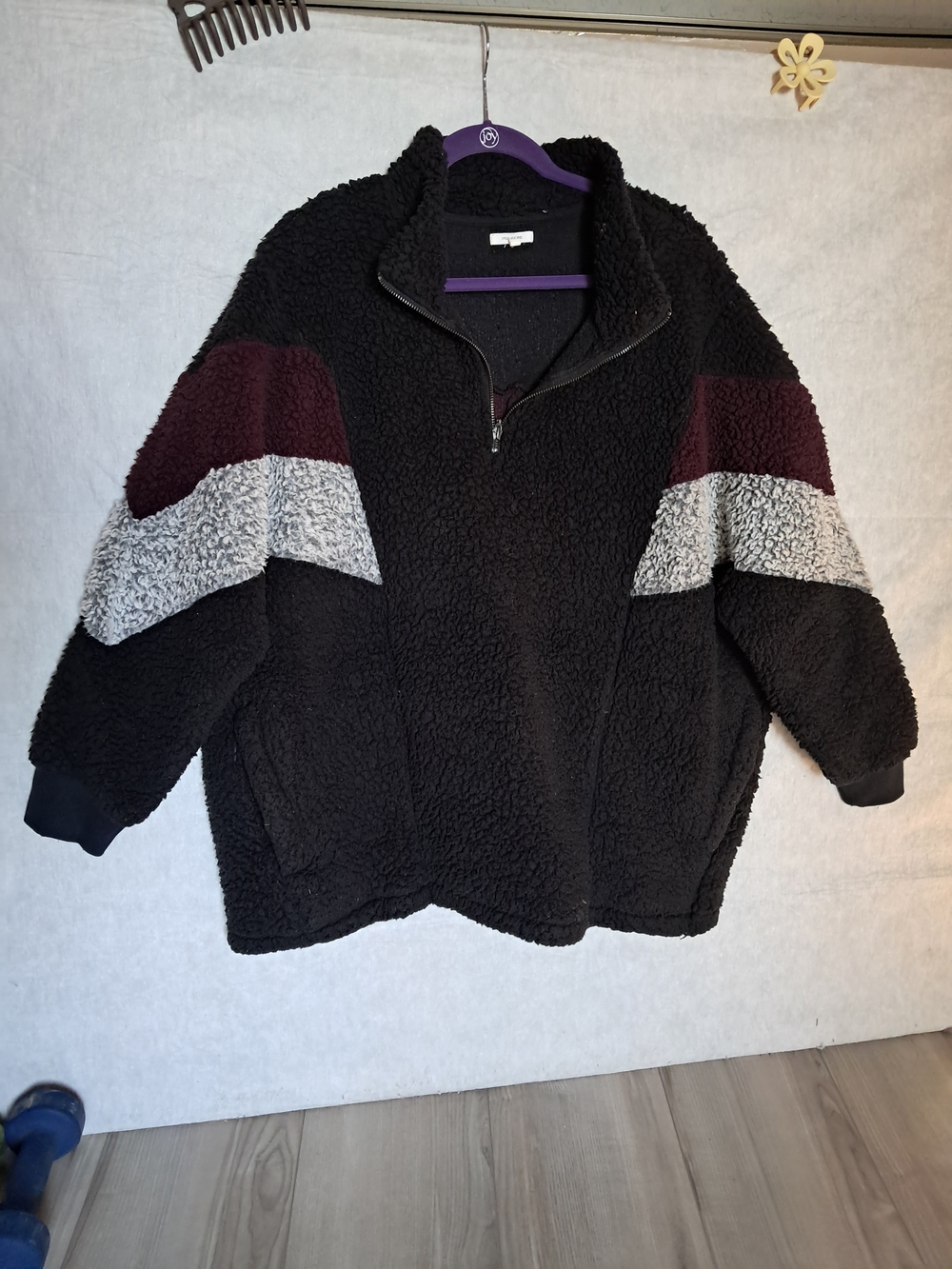 Maurices Black Sherpa Pullover Jacket with Maroon and Gray Stripe Panels